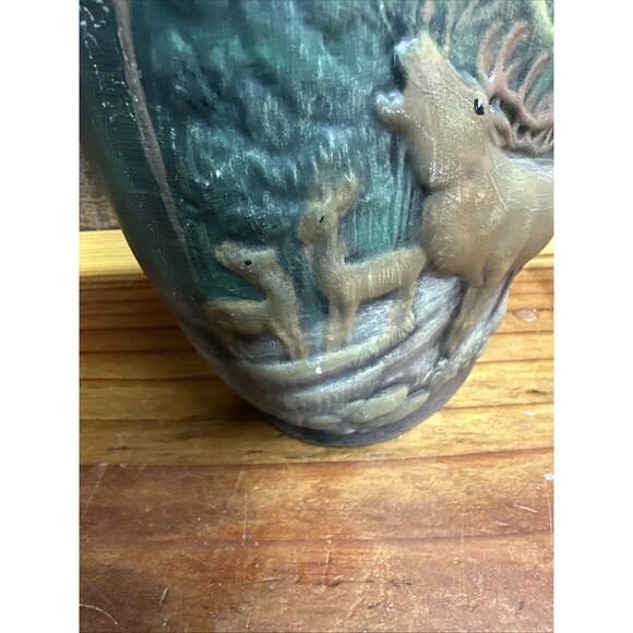 VTG 3D Ceramic Elk Wilderness Nature Scene Vase 8.5x6.5 Hand painted - Picture 4 of 7